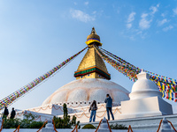 Tourists At Boudhanath Stupa, Kathmandu, Nepal.