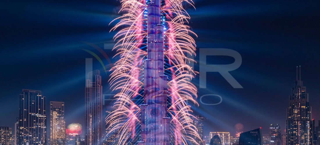 A light show and fireworks illuminate the Burj Khalifa, the world's tallest building, during New Year's Eve celebrations in Dubai on January...