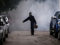 A health worker uses an anti-mosquito fumigation machine to control mosquitoes in Colombo, Sri Lanka. May 10, 2023. The dangerous dengue vir...