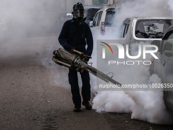 A health worker uses an anti-mosquito fumigation machine to control mosquitoes in Colombo, Sri Lanka. May 10, 2023. The dangerous dengue vir...