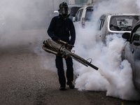 A health worker uses an anti-mosquito fumigation machine to control mosquitoes in Colombo, Sri Lanka. May 10, 2023. The dangerous dengue vir...