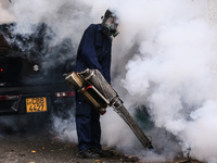 A health worker uses an anti-mosquito fumigation machine to control mosquitoes in Colombo, Sri Lanka. May 10, 2023. The dangerous dengue vir...