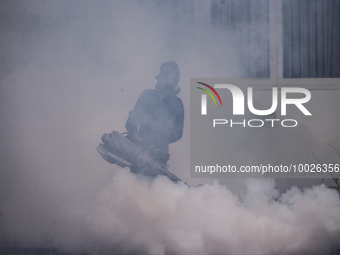 A health worker uses an anti-mosquito fumigation machine to control mosquitoes in Colombo, Sri Lanka. May 10, 2023. The dangerous dengue vir...