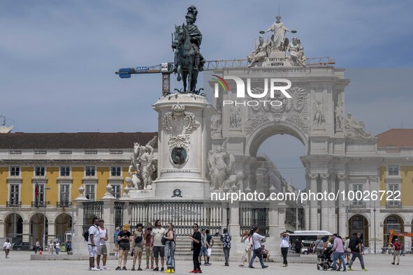 People are seen walking around the area around the Praca de Comercio in the Baixa neighborhood. 02 May 2023.  