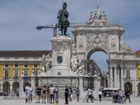 People are seen walking around the area around the Praca de Comercio in the Baixa neighborhood. 02 May 2023.  (