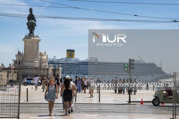 People are seen walking around the area around the Praca de Comercio in the Baixa neighborhood. 02 May 2023.  