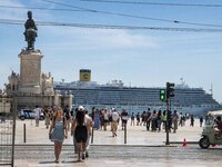 People are seen walking around the area around the Praca de Comercio in the Baixa neighborhood. 02 May 2023.  (