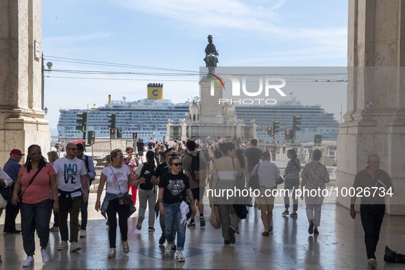 People are seen walking around the area around the Praca de Comercio in the Baixa neighborhood. 02 May 2023.  