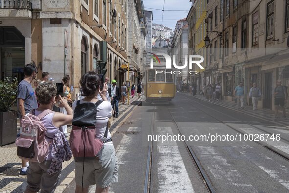 A Tram is seen passing through one of the streets in the neighborhood of Baixa, Lisbon. May 02, 2023. 