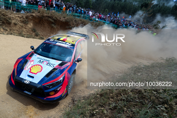 Thierry NEUVILLE (BEL) and Martijn WYDAEGHE (BEL) in HYUNDAI i20 N Rally1 HYBRID in action SS4 Lousa of WRC Vodafone Rally Portugal 2023 in...