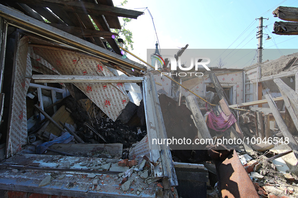 ZOLOCHIV, UKRAINE - MAY 14, 2023 - Damage done by the previous shelling of Russian troops is seen in Zolochiv village, Bohodukhiv district,...