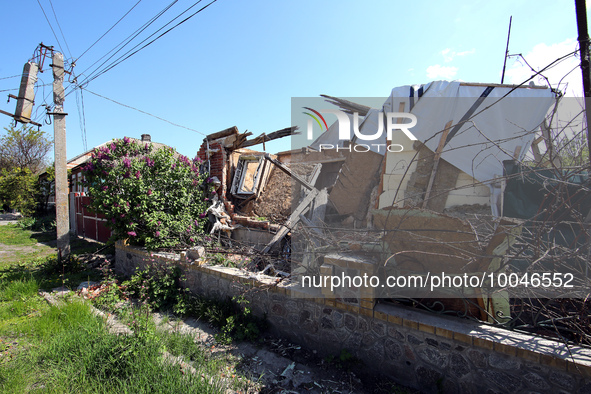 ZOLOCHIV, UKRAINE - MAY 14, 2023 - Damage done by the previous shelling of Russian troops is seen in Zolochiv village, Bohodukhiv district,...