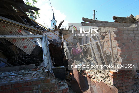 ZOLOCHIV, UKRAINE - MAY 14, 2023 - Damage done by the previous shelling of Russian troops is seen in Zolochiv village, Bohodukhiv district,...