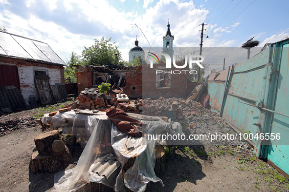 ZOLOCHIV, UKRAINE - MAY 14, 2023 - Damage done by the previous shelling of Russian troops is seen in Zolochiv village, Bohodukhiv district,...