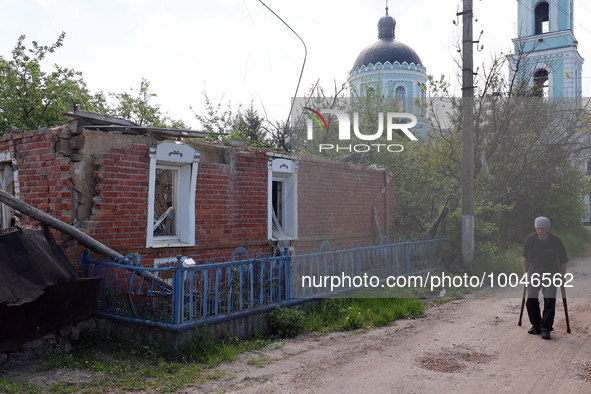 ZOLOCHIV, UKRAINE - MAY 14, 2023 - Damage done by the previous shelling of Russian troops is seen in Zolochiv village, Bohodukhiv district,...