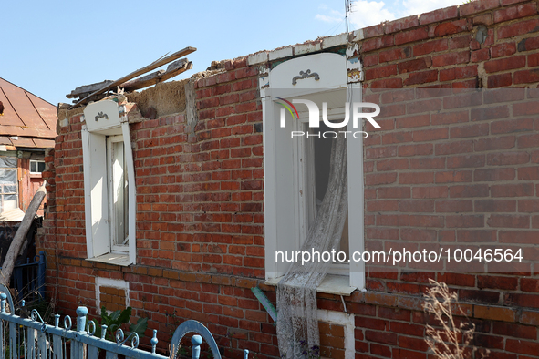 ZOLOCHIV, UKRAINE - MAY 14, 2023 - Damage done by the previous shelling of Russian troops is seen in Zolochiv village, Bohodukhiv district,...