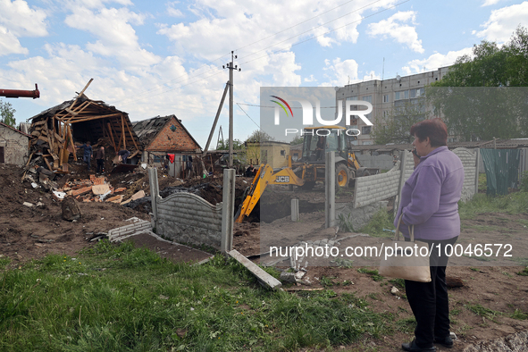 ZOLOCHIV, UKRAINE - MAY 14, 2023 - The consequences of the rocket attack by Russia that, allegedly, used S-300 surface-to-air missile system...