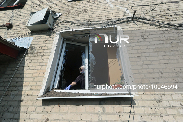 ZOLOCHIV, UKRAINE - MAY 14, 2023 - A smashed window is pictured after the rocket attack by Russia that, allegedly, used S-300 surface-to-air...