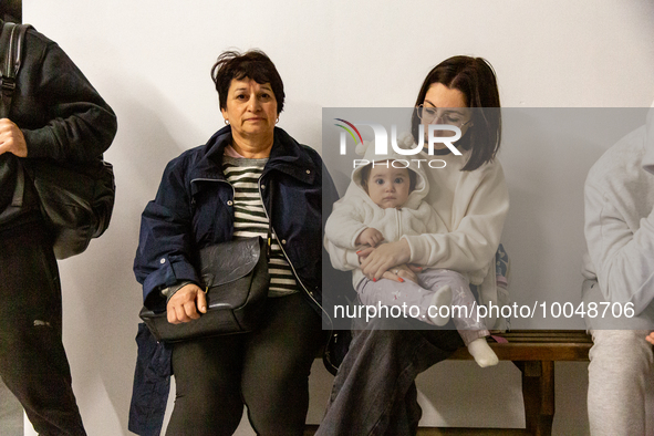 People hide in a shelter in a  residential building in Kyiv, the capital of Ukraine on May 16, 2023 as several powerful bomb blasts and fire...