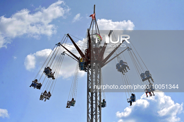 VINNYTSIA, UKRAINE - MAY 14, 2023 - The Wheel of Support, a festival of amusement rides, takes place in Vinnytsia, west-central Ukraine.NO U...