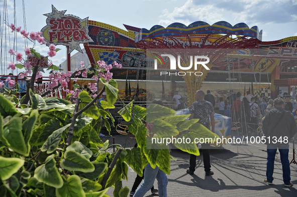 VINNYTSIA, UKRAINE - MAY 14, 2023 - The Wheel of Support, a festival of amusement rides, takes place in Vinnytsia, west-central Ukraine.NO U...