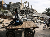 A Palestinian man rides his donkey cart past amidst the rubble of his house in Beit Lahia in the northern Gaza Strip, on May 16, 2023, follo...