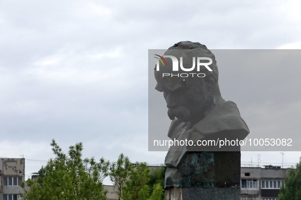 BORODIANKA, UKRAINE - MAY 16, 2023 - The monument to Ukrainian poet and artist Taras Shevchenko that was shot at by Russian troops is pictur...