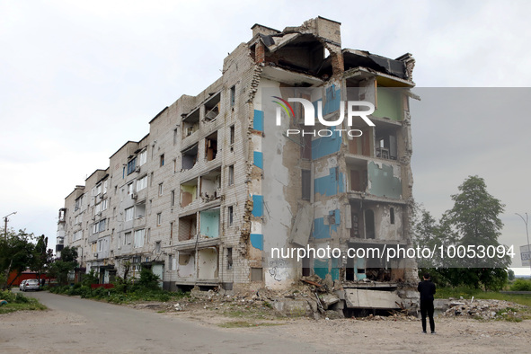 BORODIANKA, UKRAINE - MAY 16, 2023 - A residential building destroyed in the shelling of Russian troops is seen in Borodianka, Kyiv Region,...