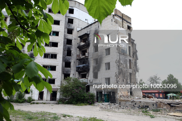 BORODIANKA, UKRAINE - MAY 16, 2023 - A residential building damaged in the shelling of Russian troops is seen in Borodianka, Kyiv Region, no...