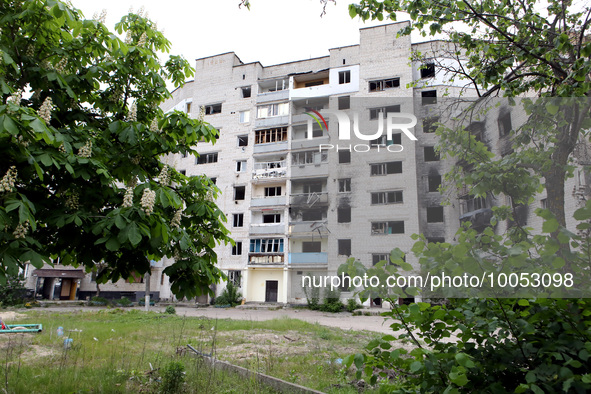 BORODIANKA, UKRAINE - MAY 16, 2023 - A residential building damaged in the shelling of Russian troops is seen in Borodianka, Kyiv Region, no...