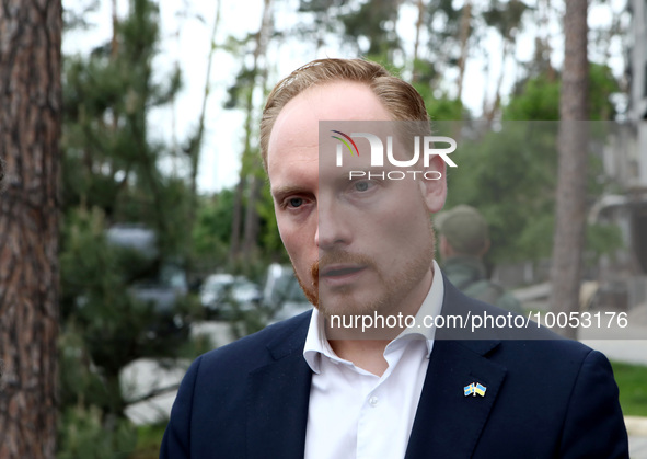 BUCHA, UKRAINE - MAY 16, 2023 - Chair of the Committee on Foreign Affairs of the Swedish Riksdag, MP Aron Emilsson pays a visit to Bucha, Ky...