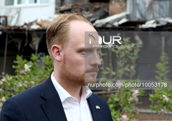 BUCHA, UKRAINE - MAY 16, 2023 - Chair of the Committee on Foreign Affairs of the Swedish Riksdag, MP Aron Emilsson pays a visit to Bucha, Ky...