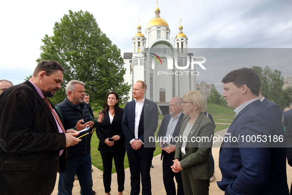 BUCHA, UKRAINE - MAY 16, 2023 - Bucha city head Anatolii Fedoruk (2nd L) and members of the delegation of the Committee on Foreign Affairs o...