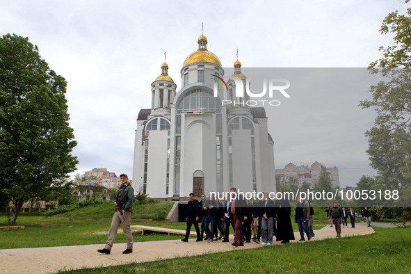 BUCHA, UKRAINE - MAY 16, 2023 - Bucha city head Anatolii Fedoruk (C) and members of the delegation of the Committee on Foreign Affairs of th...