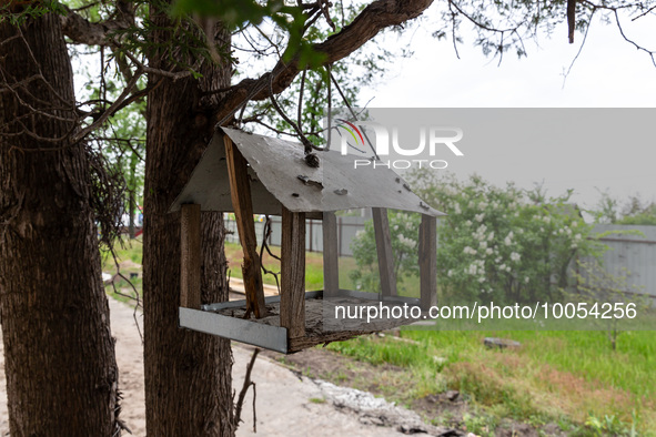 A shot at bird feeder is seen by the school which is reconstructed bu Gurtum foundation after the building was damaged by at least 3 bombs i...