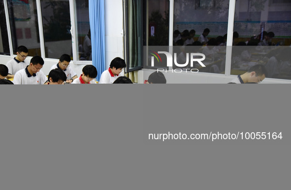 Students who are about to take the National College entrance examination review their lessons in a classroom at Fengfeng No 1 High School in...