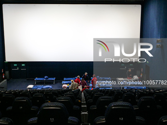 Cots for evacuees placed inside cinemas. Ravenna (Emilia - Romagna) , on May 18, 2023. The Grand Prix event in Imola, northern Italy, origin...