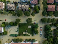 The town of Lugo (Emilia - Romagna) under water , on May 18, 2023. The Grand Prix event in Imola, northern Italy, originally scheduled for t...