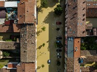 The town of Lugo (Emilia - Romagna) under water , on May 18, 2023. The Grand Prix event in Imola, northern Italy, originally scheduled for t...