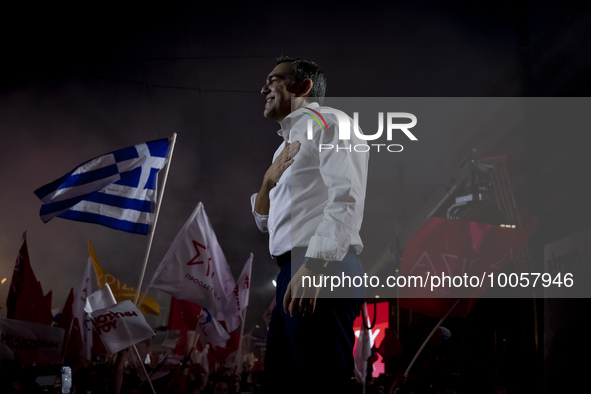 The president of the main opposition party of SYRIZA, delivers a pre-election speech in Syntagma Square of Athens, on May 18th 2023.  