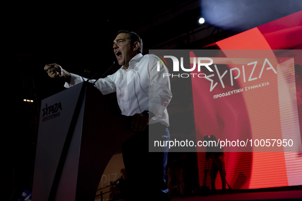 The president of the main opposition party of SYRIZA, delivers a pre-election speech in Syntagma Square of Athens, on May 18th 2023.  