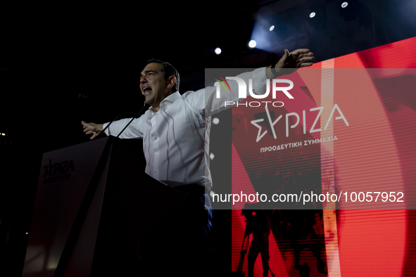 The president of the main opposition party of SYRIZA, delivers a pre-election speech in Syntagma Square of Athens, on May 18th 2023.  