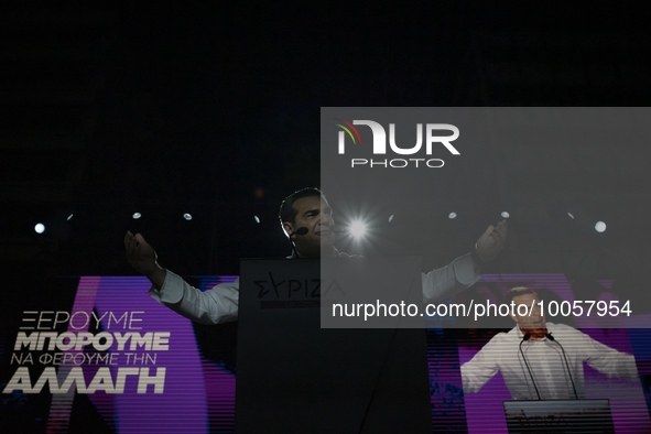 The president of the main opposition party of SYRIZA, delivers a pre-election speech in Syntagma Square of Athens, on May 18th 2023.  