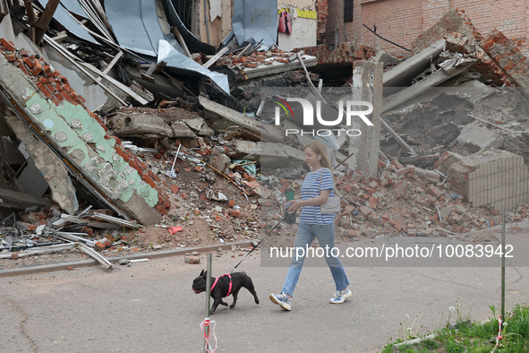 OKHTYRKA, UKRAINE - MAY 24, 2023 - A woman walks a dog past a building ruined by Russian shelling, Okhtyrka, Sumy Region, northeastern Ukrai...