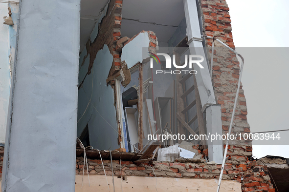 OKHTYRKA, UKRAINE - MAY 24, 2023 - A building in the city centre shows damage caused by Russian shelling, Okhtyrka, Sumy Region, northeaster...