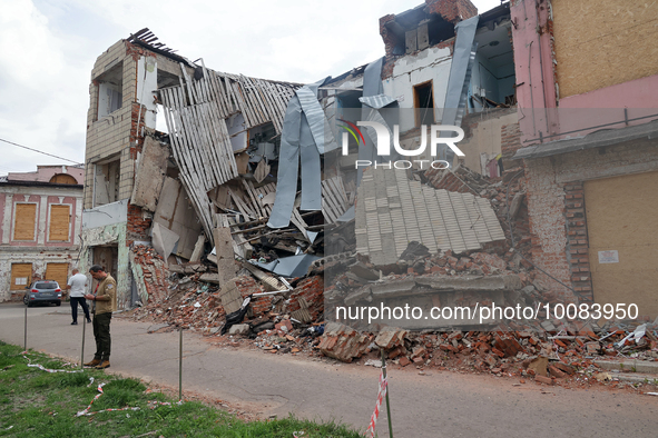 OKHTYRKA, UKRAINE - MAY 24, 2023 - A building in the city centre shows damage caused by Russian shelling, Okhtyrka, Sumy Region, northeaster...