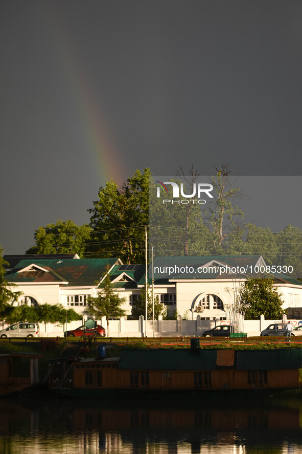 Rainbow appears after heavy rainfall in Srinagar, Indian Administered Kashmir on 25 May 2023. Rainfall will continue in the parts of Kashmir...