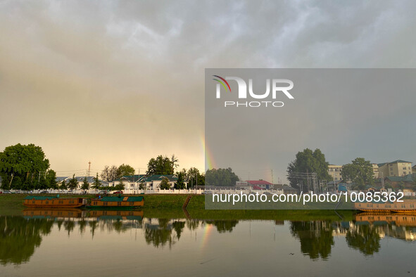 Rainbow appears after heavy rainfall in Srinagar, Indian Administered Kashmir on 25 May 2023. Rainfall will continue in the parts of Kashmir...