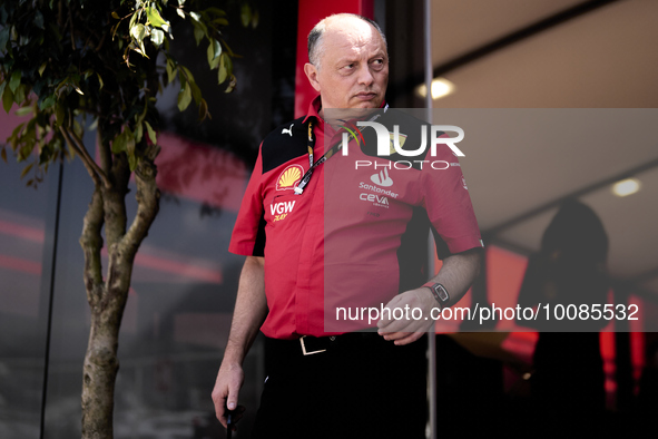 Ferrari Team Principal Frederic Vasseur looks on in the Paddock during previews ahead of the F1 Grand Prix of Monaco at Circuit de Monaco on...