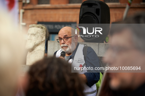 Jean-Francois Migard head of the Toulouse's branch of the LDH speaks during the gathering. The Toulouse's branch of the Human Rights League...